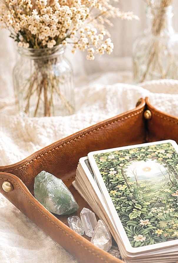 Bandeja de cuero con cartas de tarot