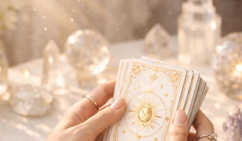 Manos sosteniendo una baraja de tarot dorada entre cuarzos