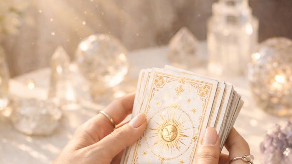 Manos sosteniendo cartas entre cuarzos